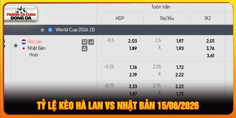 Tỷ lệ kèo Hà Lan vs Nhật Bản 15/06/2026 Tỷ lệ kèo Hà Lan vs Nhật Bản 15/06/2026